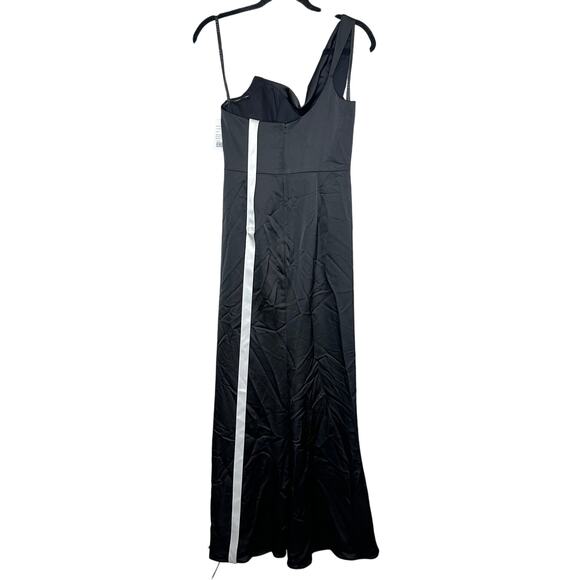 After Six NWT Black One-Shoulder Cat-Eye Neckline Satin Maxi Dress Formal 6 - Picture 4 of 8